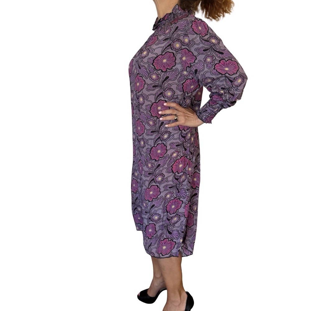 Anna Sui USA Dress XL Purple Floral smocked high neck 70'S Vintage Boho Chic - Picture 8 of 14